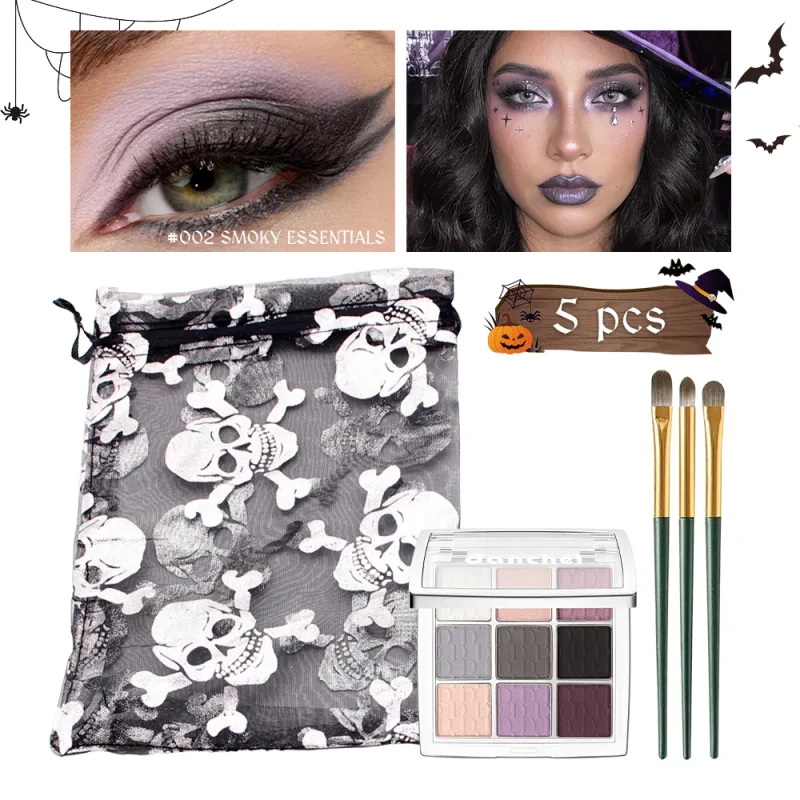 9 Shade Eyeshadow Palette Black Swan Smoky with 3 Brushes Waterproof Matte Highlighter for Halloween Eye Makeup