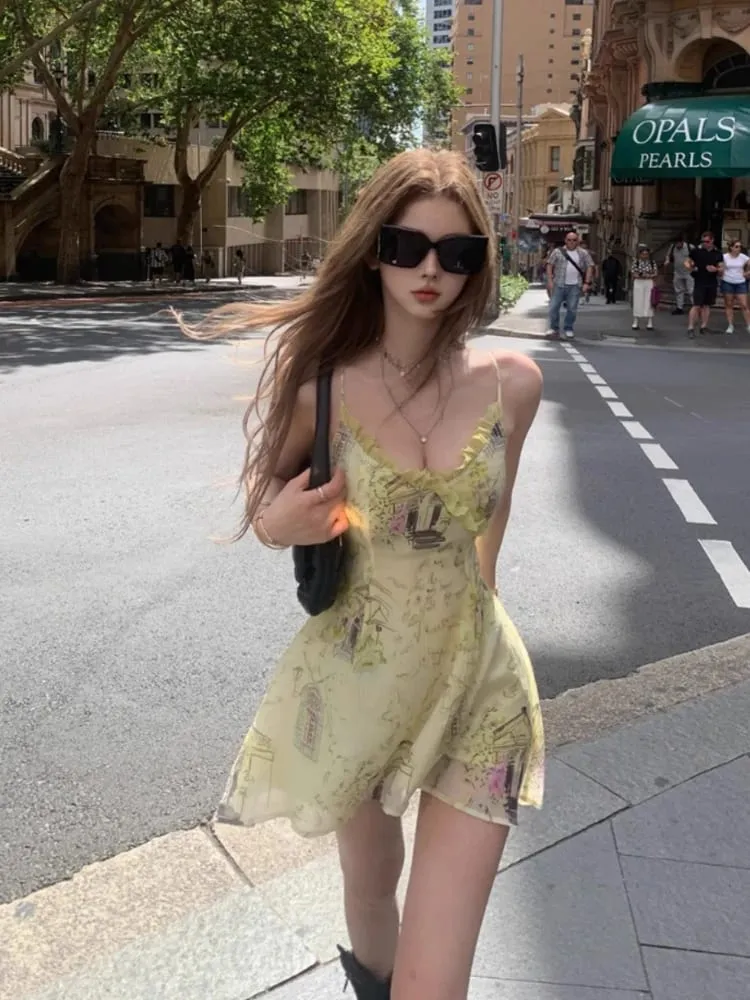 Sommar Fransk Elegant Blommig Miniklänning Kvinnor Casual Strandstil Vintage Festklänning Kväll Seyx Bodycon One Piece Klänning Koreansk