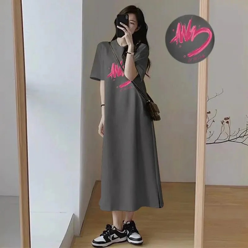 Women Summer Casual T‑Shirt Dress Short Sleeve Round Neck Letter Print Loose Long Maxi Dress Streetwear Oversized Sundress