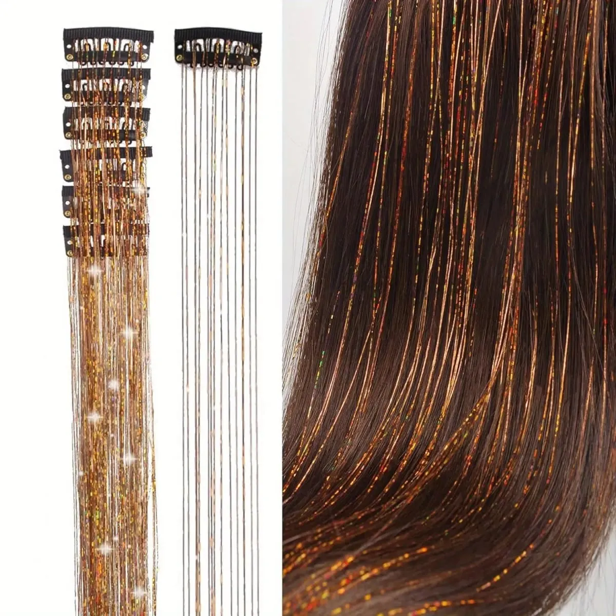 6Pcs Synthetic Hair Tinsel Clip in 19.6Inch Glitter Tinsel Hair Clip in Hair Tinsel Kit Heat Resistant Shiny Sparkle Fairy Hair