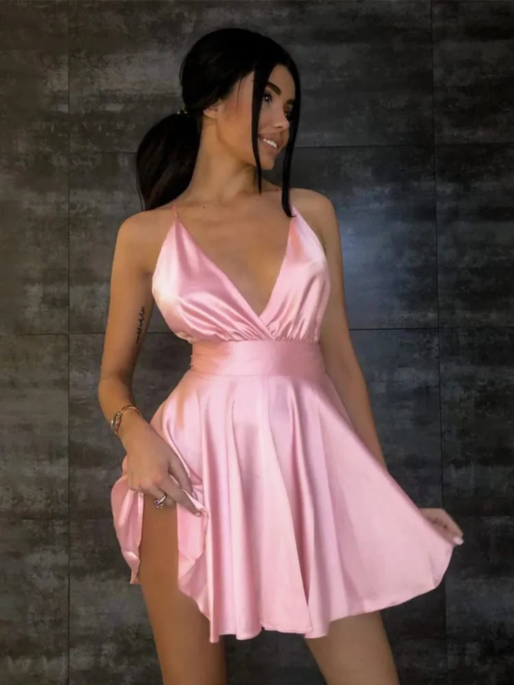 Summer Sexy 2000s European and American Solid Color V-neck Bow High Street Vintage style emo Strap Dress Strap A-line short Dres