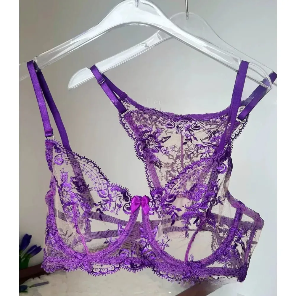 Sexy Transparent Lace Bra French Embroidery Thin Push‑Up Gather Bra For Men Crossdresser Sheer Lingerie Underwear