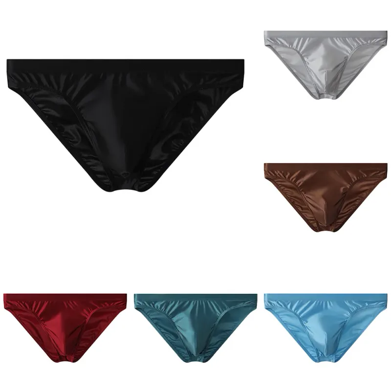 Slip bikini da uomo in raso marrone di lusso Cintura alta elastica Mutande lisce e lucide con custodia sagomata 3D Intimo traspirante