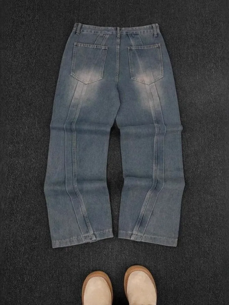 Calças de brim dos homens americano vintage streetwear azul escuro perna larga denim calças retalhos ponto contraste lavado solto ajuste retro moda