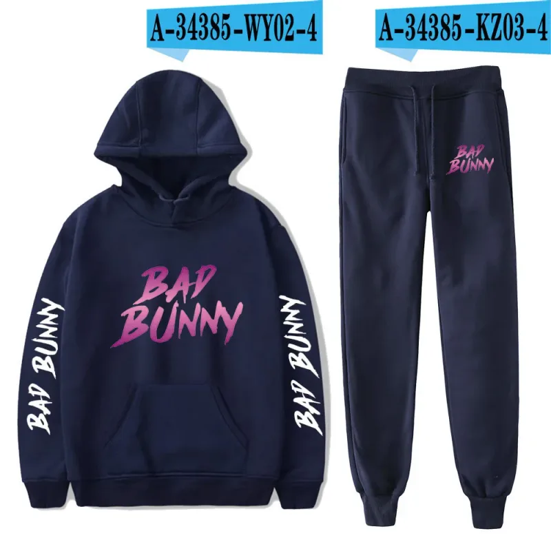 Harajuku Comfortable Funny bad bunny Print Sweatshirt Sweatpants Suit Men/Women Hoodies+ Trousers Suit Cute 2 Piece Set Clothes