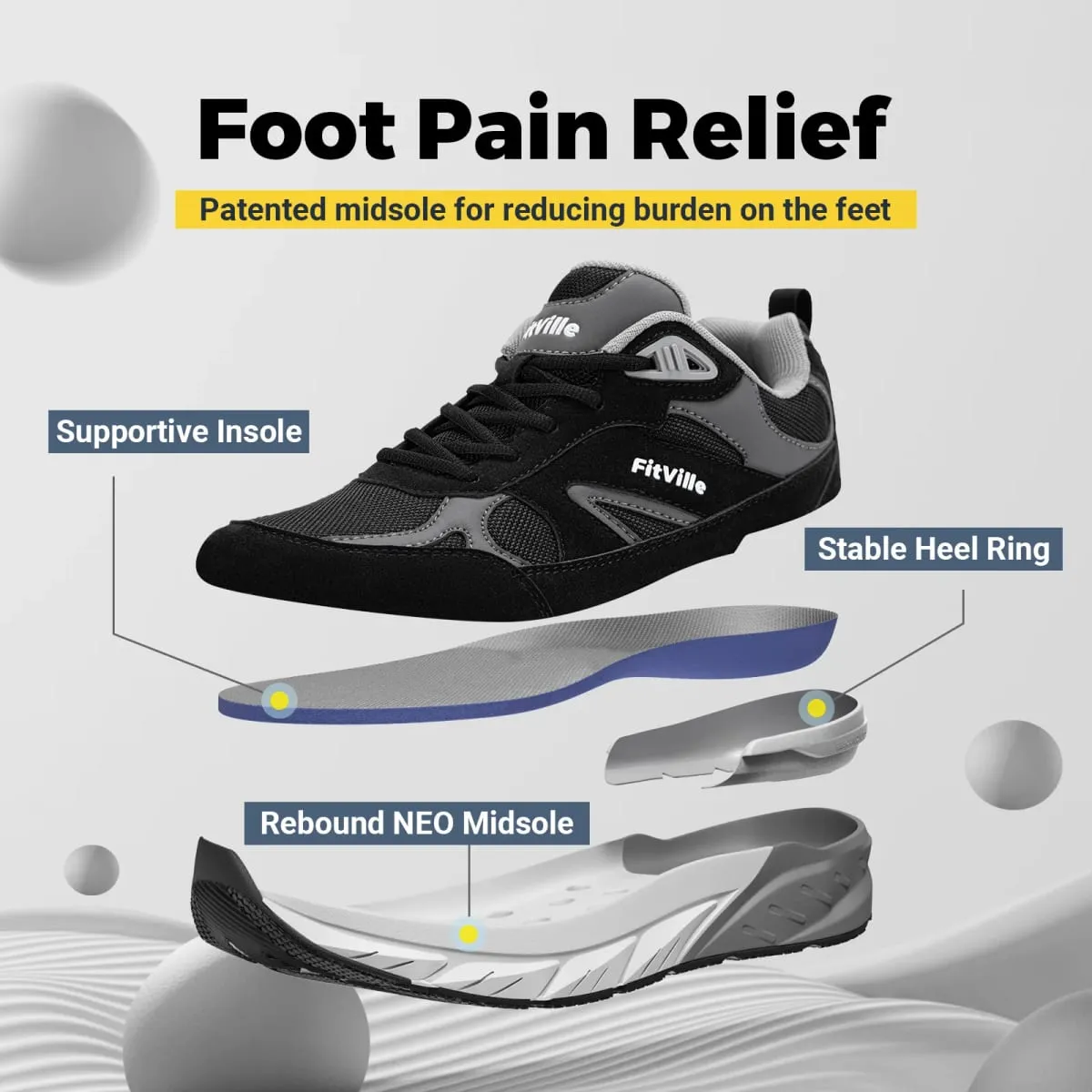 FitVille Newest Walking Shoes for Men Wide Width Sneakers with Arch Support for Flat Feet Heel Pain Relief Plantar Fasciitis