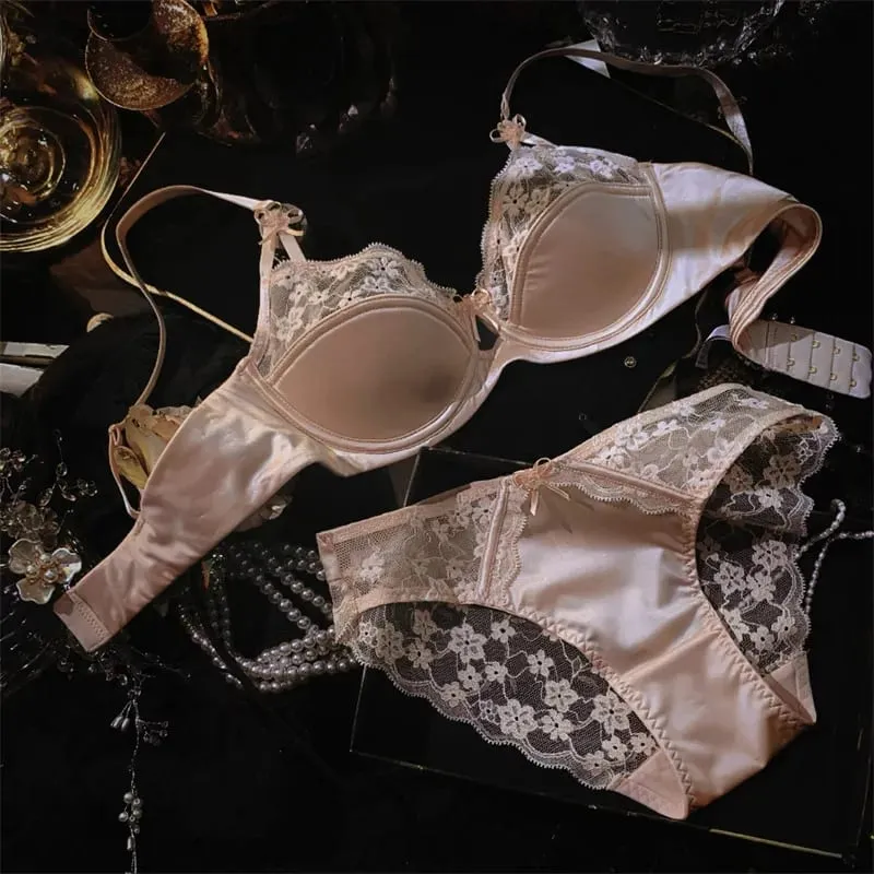 Ropa interior de encaje de media Copa de satén Premium francés para mujer, Conjunto de sujetador brillante con soporte superior fino y Sexy, conjunto de pechos grandes pequeños 32-38