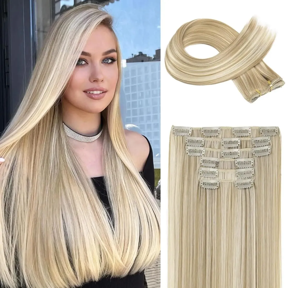 6Pcs Clip in Hair Extensions 24" Long Straight Heat Resistant Synthetic Clips on Hair Piece for Women Daily Wear