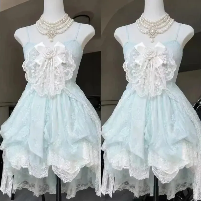 Japanese Style Sweet Lace Bow Kawaii Lolita Dress Women Vintage Ruffles Cake Dresses Harajuku Y2k Slim Bandage Dress 2026 Summer