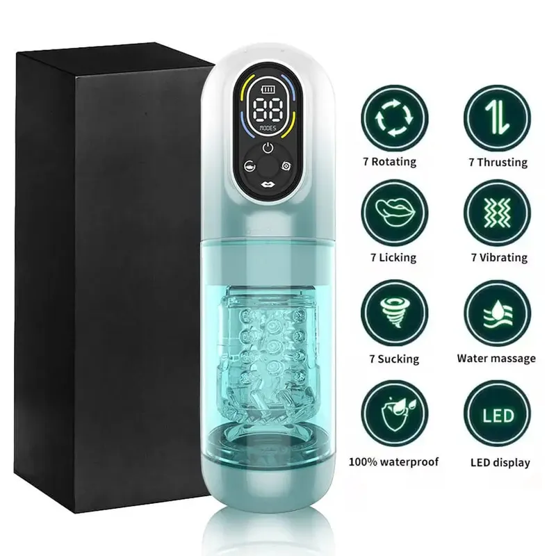 Male Masturbator Penis Pump for Men Automatic Thrusting Rotating Vibrating Sucking Licking Mode LCD Pocket Pussy Adult Sex Toys