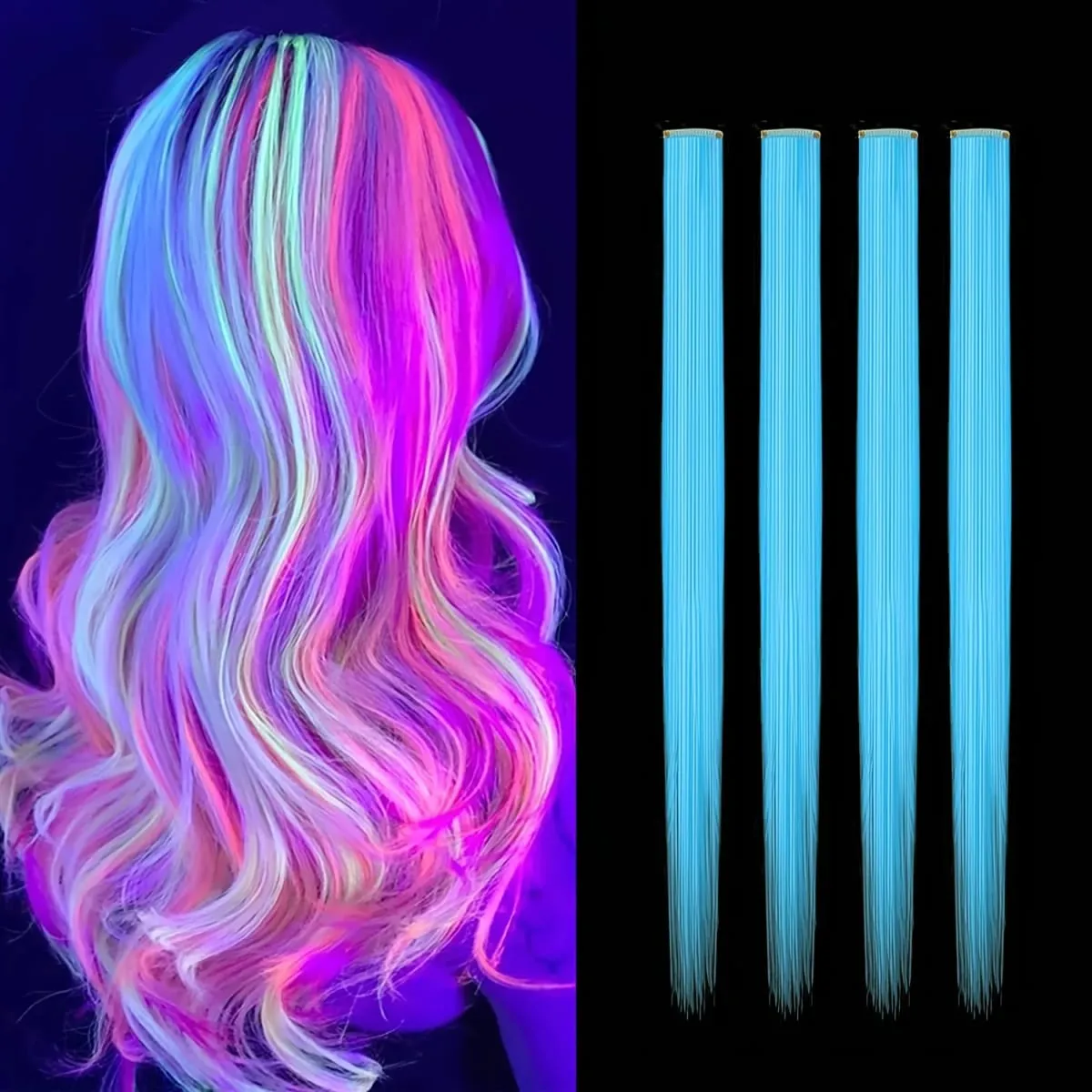 4-Pieces Synthetic Hair Extensions with Luminous Fluorescent Glow for Women - Clip-In Smooth & Soft Easy to Wear for Parties