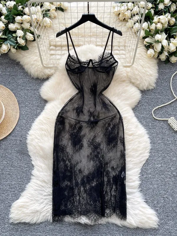 Woman Fashion Thin See Through Slim Fit Pure Desire Dress Women New Vintage Sexy Halter Mesh Embroidery Purple Long Dress