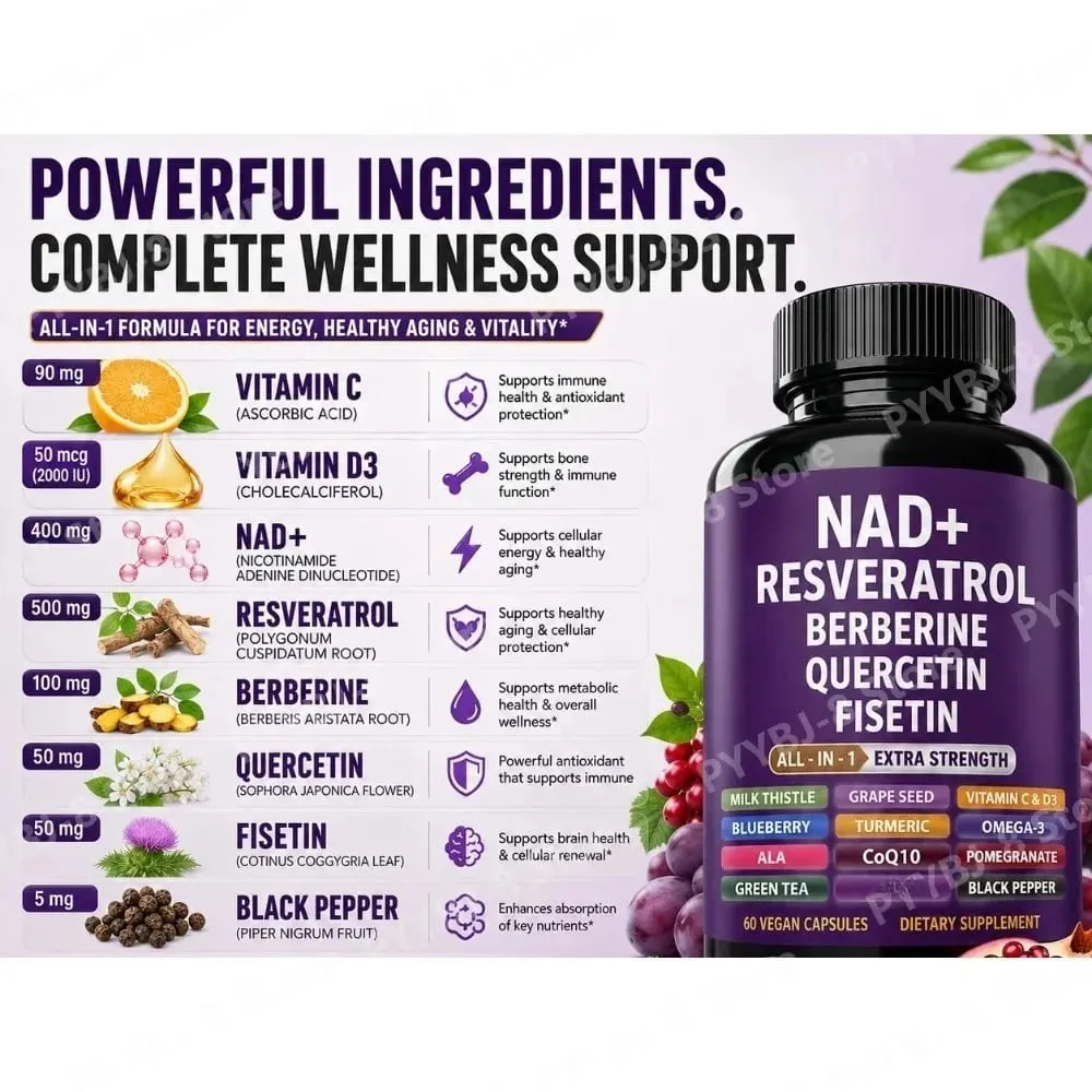 NAD+ Integratore di Resveratrolo con Berberina Quercetina Fisetina CoQ10 Vitamina C D3 60 Capsule Vegane per il Supporto Nutrizionale Quotidiano
