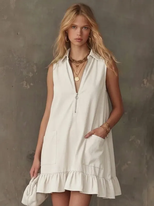 Women Sleeveless Zip V Neck Mini Dress Collared Ruffle Hem A Line Loose Dress with Pockets Summer Casual Dresses