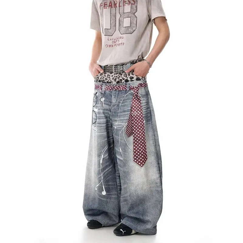 Men Blue Jeans Y2k Gyaru Punk Oversize 3D Print Denim Pants Vintage Hiphop Grunge Baggy Denim Trousers Alternative Clothes