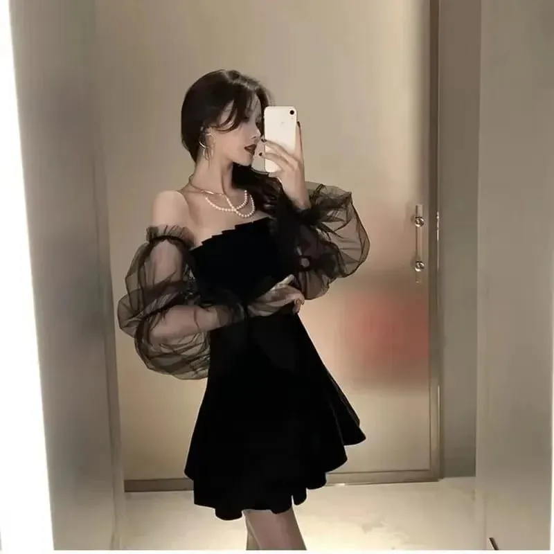 New Black Retro Dress Women Lace Chiffon Mini Dress Female High Street Sexy Korean Fashion Women Club Dress