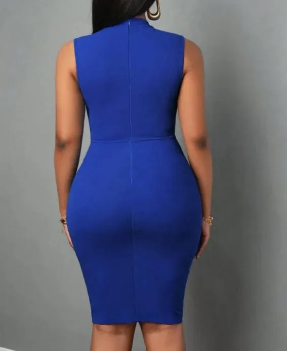 Women Elegant Sleeveless Bodycon Midi Dress Stand Collar Neck Tie Ruched Waist Sheath Pencil Dress Office Business Cocktail Party Formal Dresses