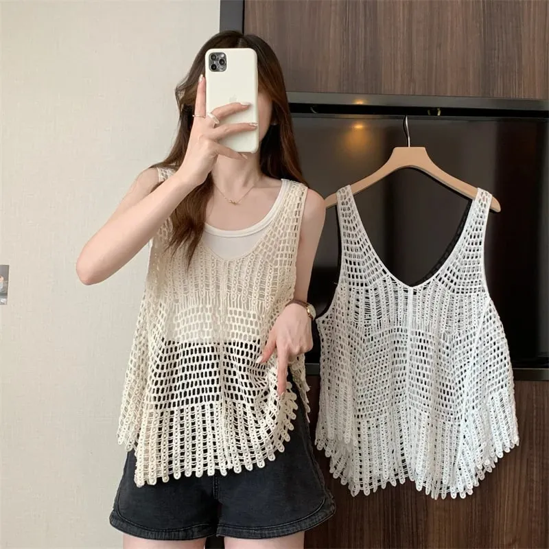 Boho Crochet Top Hollow-out Lace Sleeveless Knitted Tank Cami Women Summer Camisole Beach Cover-Up Resort Wear — image 4