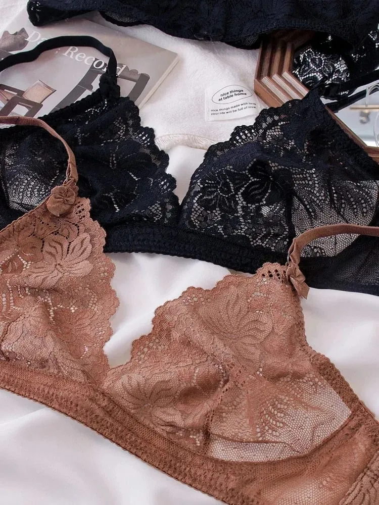 Sexy Black Lace Lingerie Set for Women Comfortable Wireless Bra & Panty Set Large Size