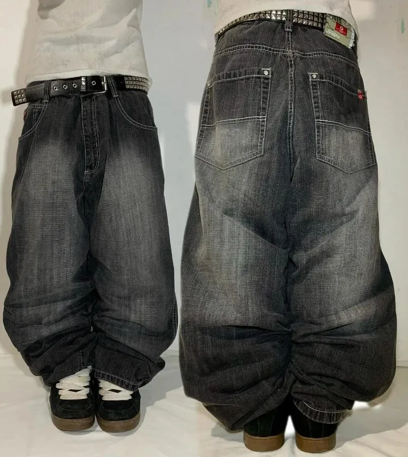 Fashion Gothic New Black Solid Color Washed Old Casual Jeans Men Y2K Street Cloth Vintage Popular High Waist Loose Wide Leg Pant