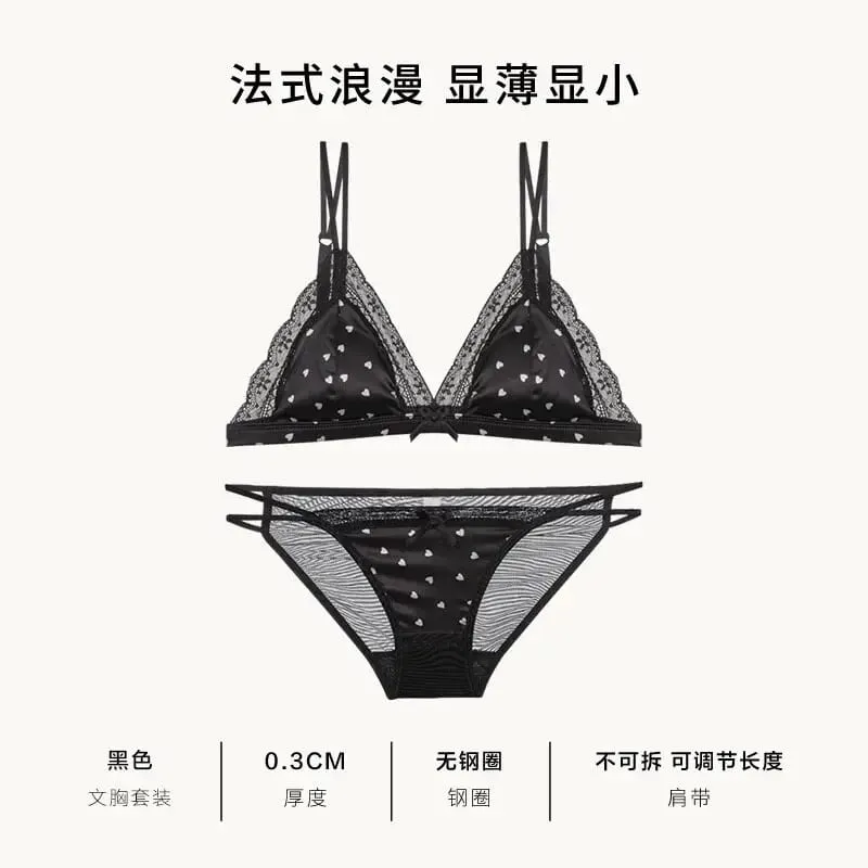 French Satin Lace Triangle Bra Set Wireless Thin Cup Small Bust Push Up Lingerie Side Support Anti Sag Sexy Women Underwear S-XL