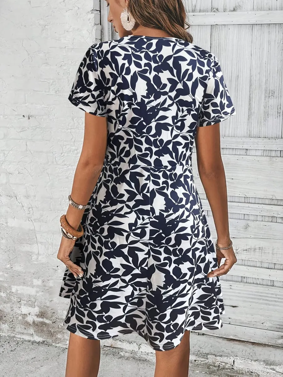 Women's Navy Blue Leaf Print Fit And Flare Dress Summer Casual V Neck Short Sleeve A Line Flowy Sundress