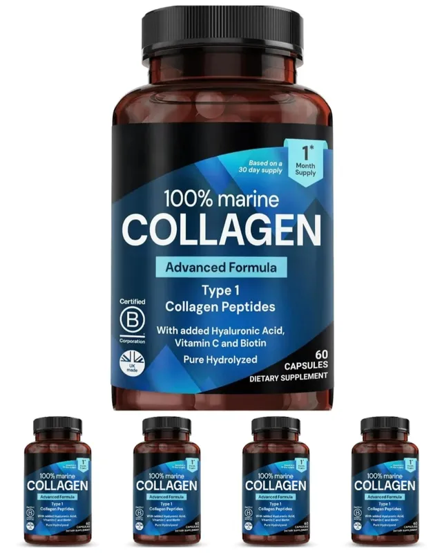 Marine Collagen Capsules for Women & Men Type I Peptides with Hyaluronic Acid Vitamin C & Biotin Beauty Glow Nails 60 Count