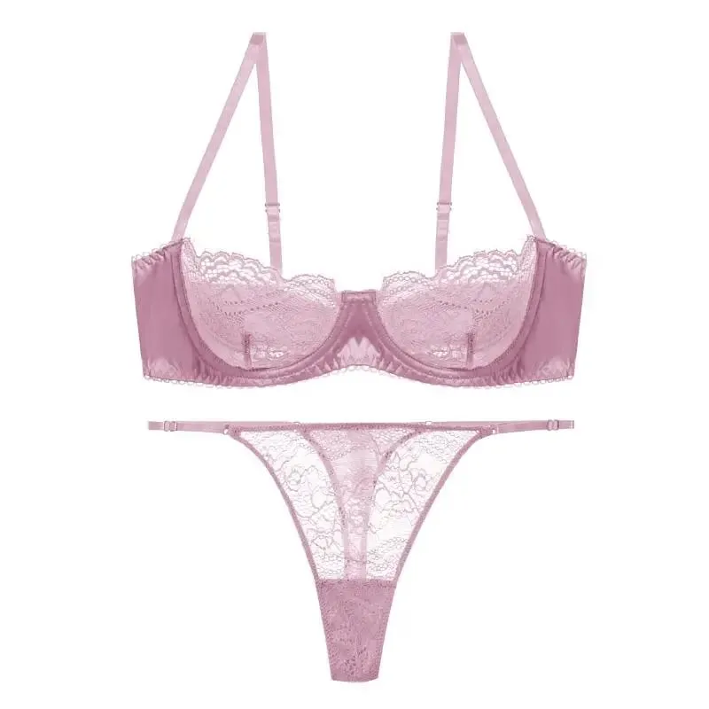 Sexy Lace 1/2 Cup Bra Set for Women Ultra-thin Lingerie French Black Brassiere and Thongs Sets Underwire Underwear
