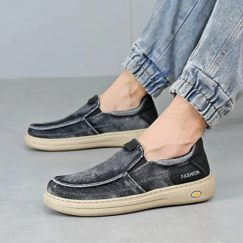New Quality Denim Cloth Casual Man Shoes Fashion Men's Sneakers Slip on Walking Flats Breathable Lightweight Driving Work Shoes