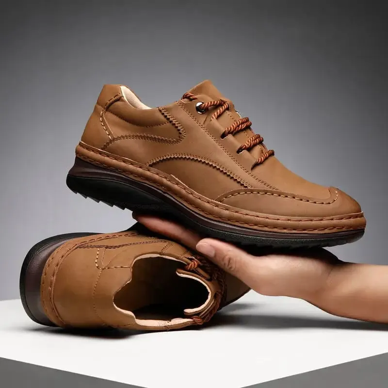 Men Handmade Stitching Cowhide Shoes Casual Lace Up Walking Footwear Comfort Non Slip Rubber Sole Breathable Outdoor Daily Shoes