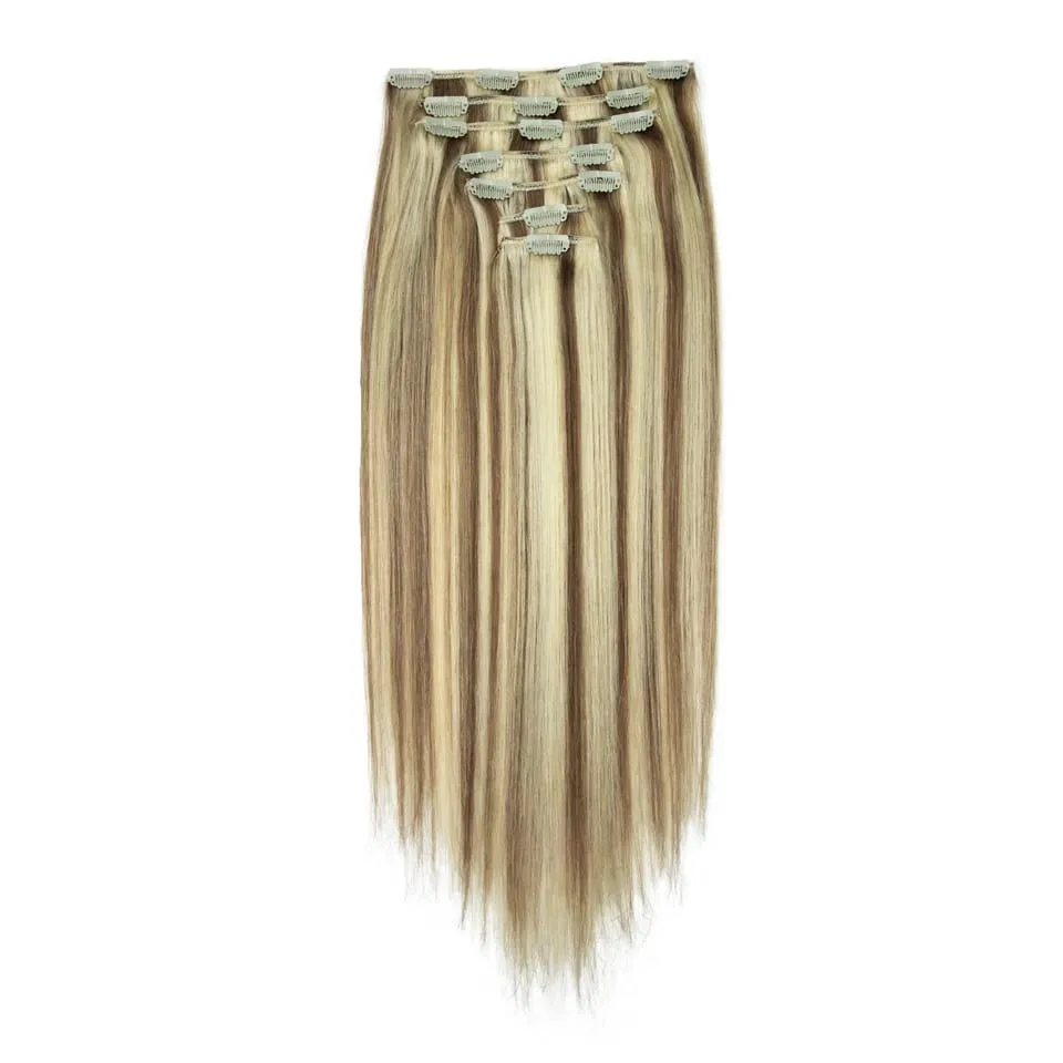 7PCS Clip in Human Hair Extensions 14-22 Inch Remy Double Weft Dark Brown to Chestnut Brown Ombre Invisible Seamless for Women