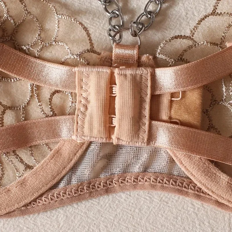 Bra + Panties + Garter + Hemline New Lace Transparent Push Up Lingerie Sets For Women Sexy Sleep Hollow Out Chain Underwear