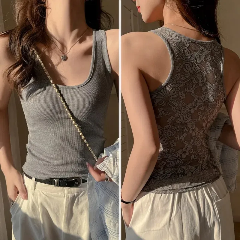 Women's Solid Color Lace Korean Vest Summer Trendy Singlet Cotton Sleeveless Camisole U-Neck Comfortable Female Tank Tops