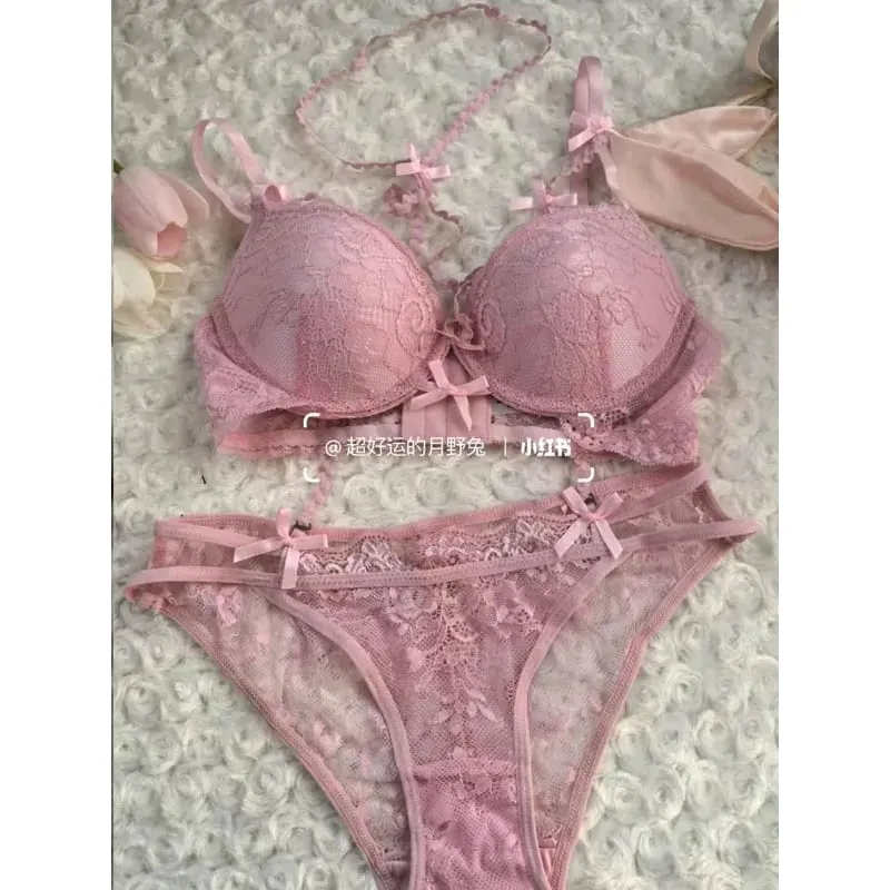 Boho Layered Lace Halter Bra Set - Hollow Out Bow Design Top Inner Red Lace Up Bra Summer Beach Two Piece Lingerie Set MOYISU