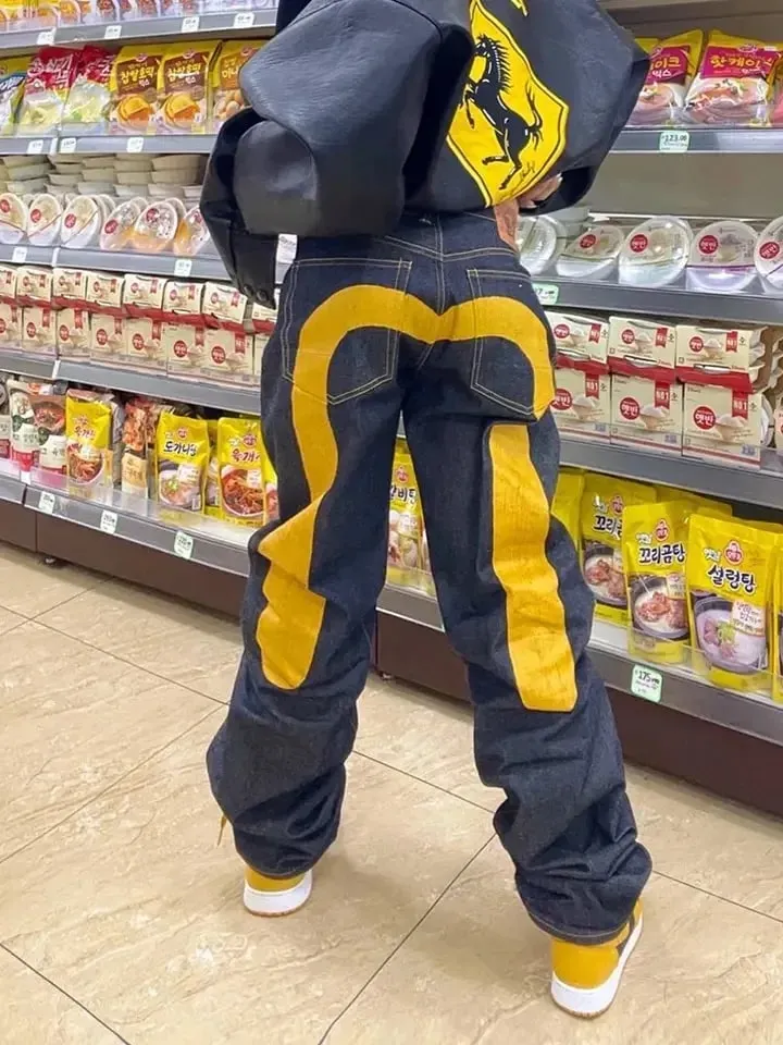 Black Men Straight Leg Jeans Yellow Stitching Loose Slim Fit Trousers 3D Dice Print Artistic Design Unique Trending 2025 New