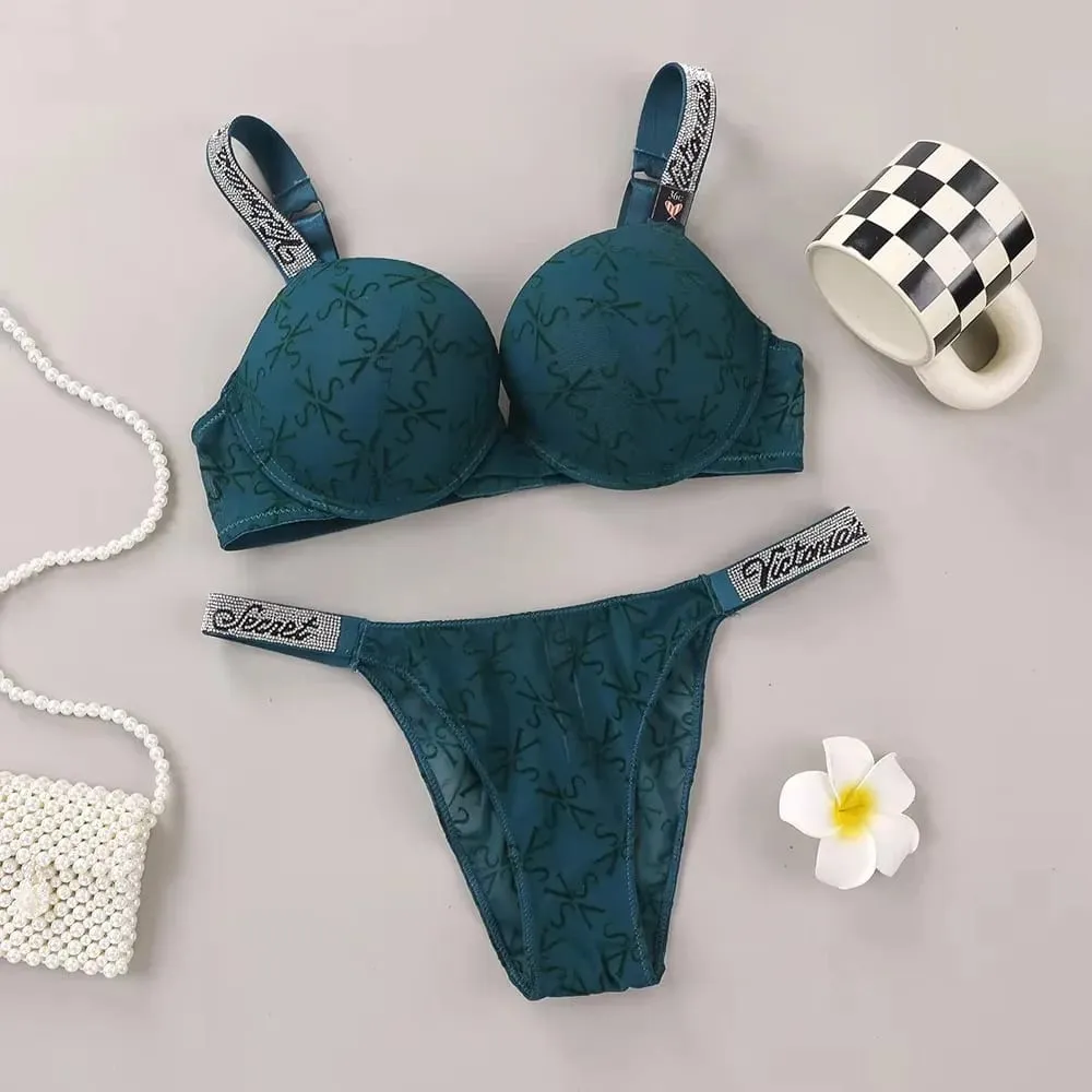 Victoria Secret Sexy Lingerie Set Very Sexy Logo Shine Strap Embossed Lace Push Up Bra Shine Script Thong Panty