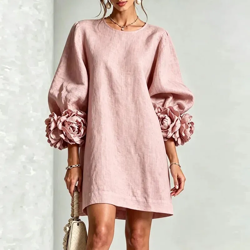 Women Solid Mini Dress Round Neck Puff Sleeve 3D Flower Cuff Loose Shift Dress Elegant Vacation Party Daily Casual Short Dresses — image 5