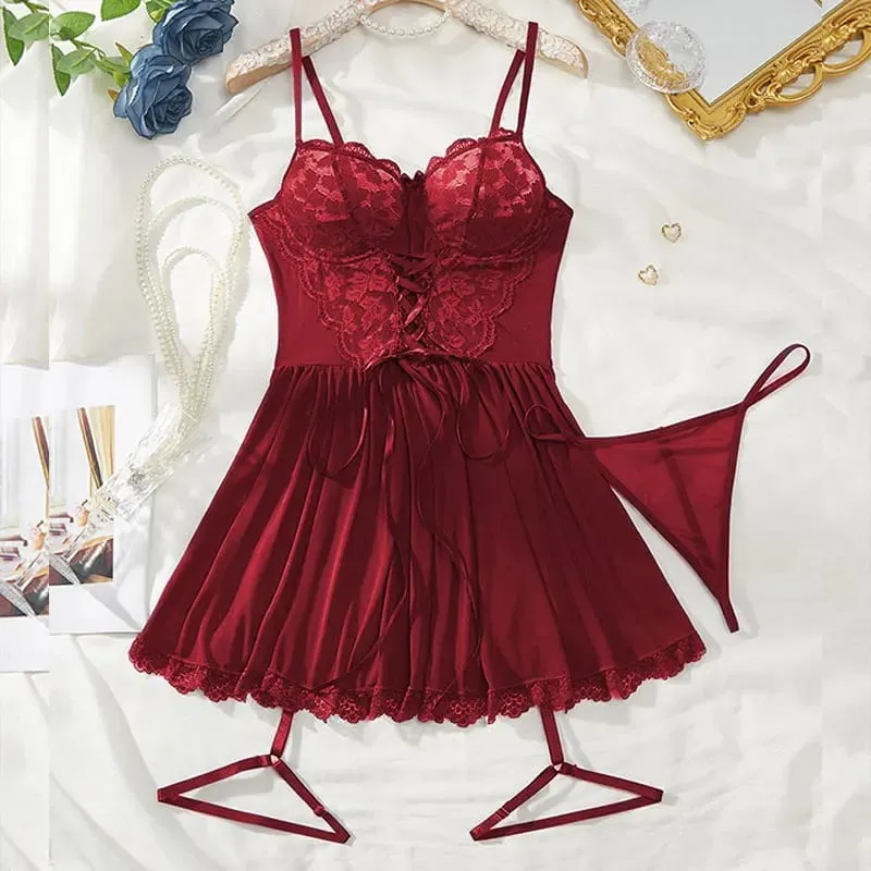 Sexy Bra And Garter Belt Lingerie Hot Red Babydoll Dress Erotic Women Exquisite 3-Piece Sets Thong Nightgown Set With Leg Rings