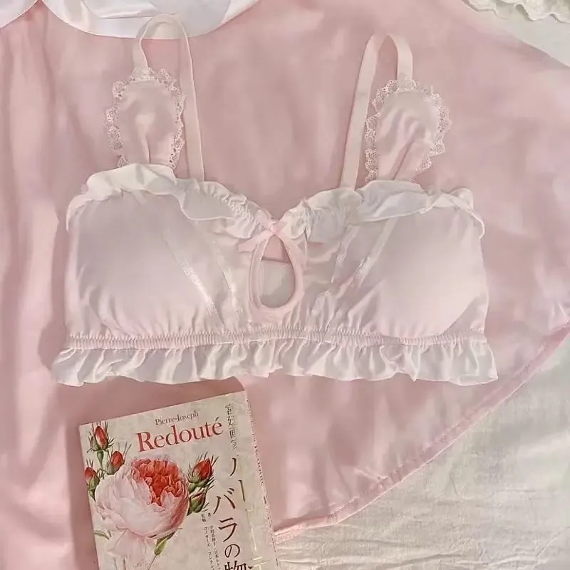 Cute Japanese Rabbit Ear Bra Panties Set Wireless Thin Triangle Brassiere For Small Flat Breast Breathable Daily Underwear S-XL