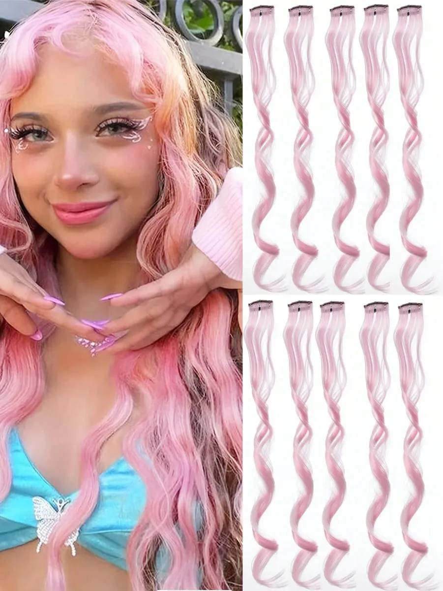 10pcs Colorful Hair Extensions Curly One Clip in Synthetic Long Hairpiece For Girls Women Multi-colors Party Highlights WigPiece