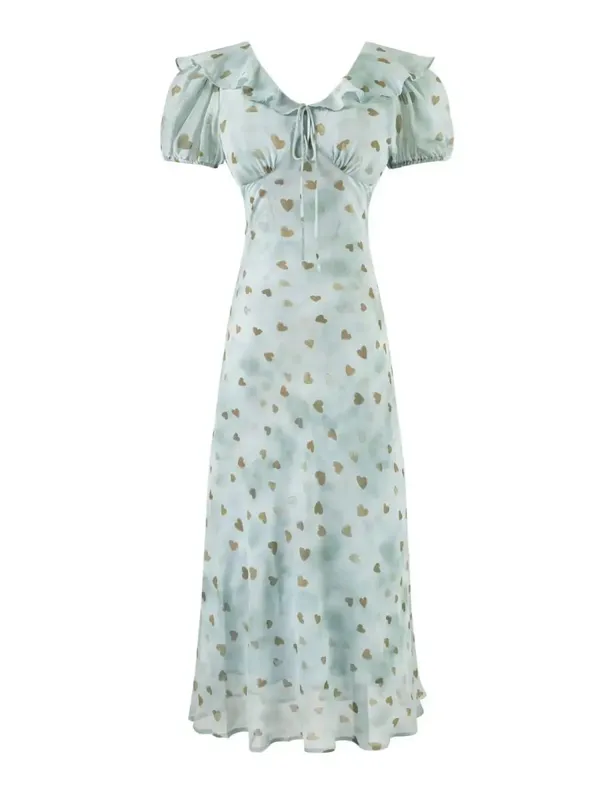 Chu Sau beauty Damen Neue Mode Süße Polka Dot Print Chic Rüschen Midikleid Französisch V-Ausschnitt Puffärmel Vintage Partykleider