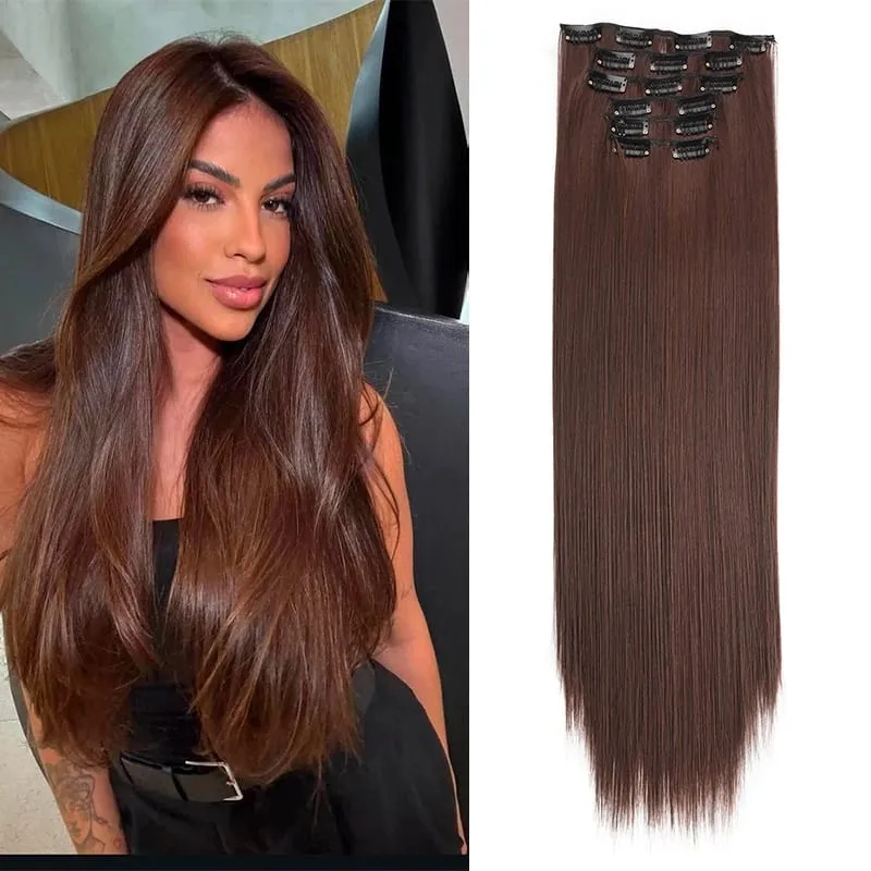 6PC Long Clip in Hair Extensions Brown Synthetic Straight Clip-in Hairpieces 24 inch Straight Hair Piece Extensions for Women