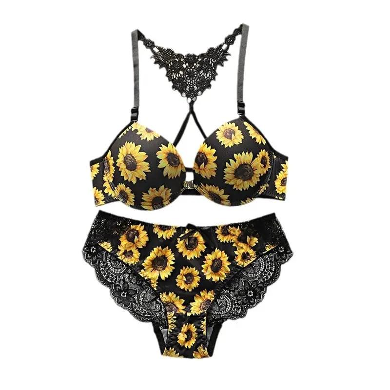Women's Sunflower Bra Set Push Up Lace Back Lingerie Set 2 Piece Underwear 2026