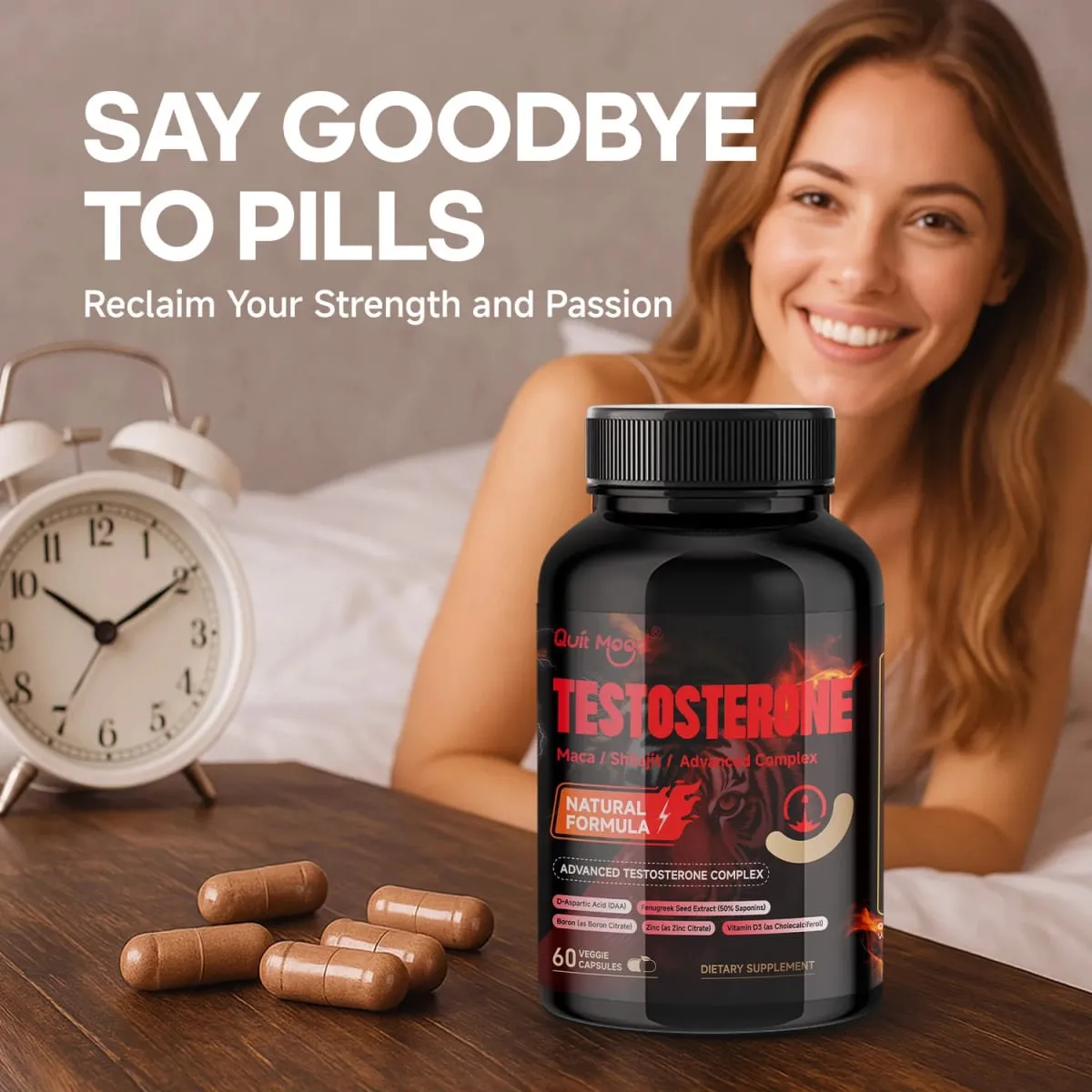 Quit Mood Men's Testosterone Capsules | 100mg Maca & 50mg Shilajit & More | Hormone Balance & Stamina Enhancer – 60 Capsules