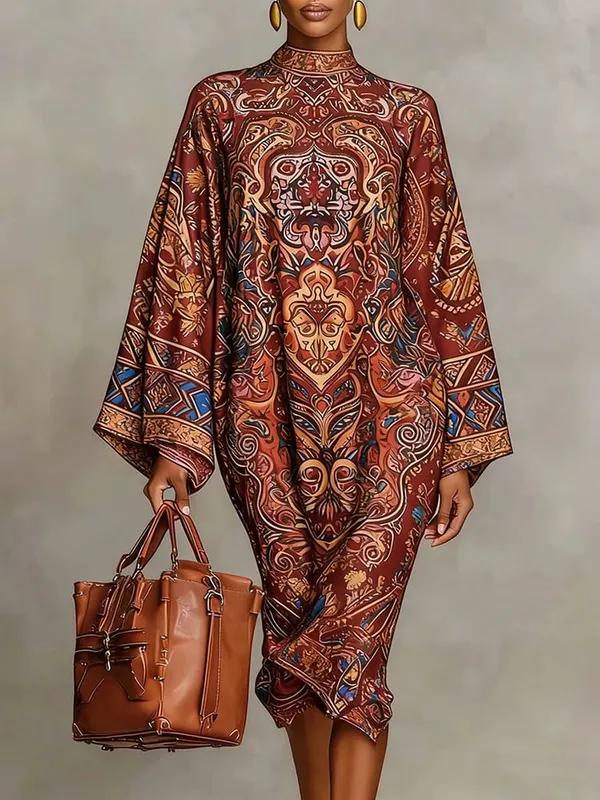 Women's Vintage Elegant Printed High Neck Kaftan Dress Long Sleeves Loose Elegant Evening Midi Dresses Robe 2026 New