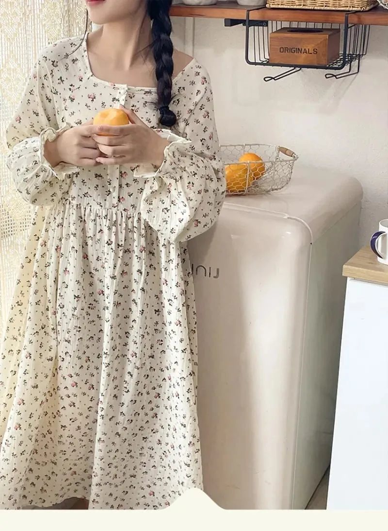 モスリン綿 100% ガーゼ女性のためのドレス長袖ボタンアッププリントファッションカジュアルシックな特大ルーズ女性 Vestidos Mujer