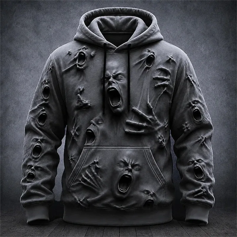 Men's Autumn Winter Halloween Hoodie Casual Pullover with Spooky Skull Print Loose Fit Festive Street-Style Top for Parties