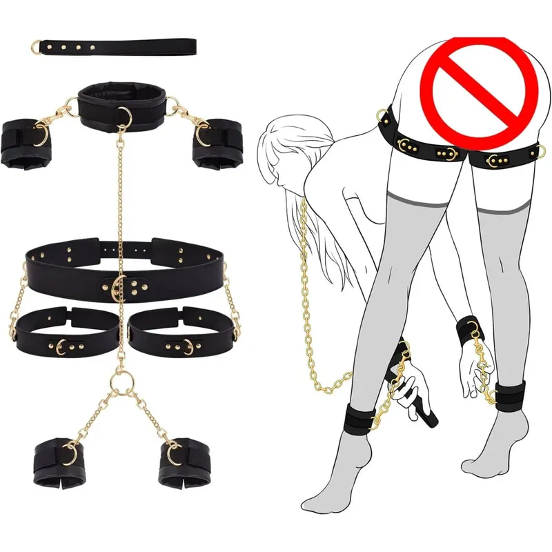 Sex Bondage BDSM Kit Mga Pagpigil mula sa Leeg hanggang sa Pulso SM Naaayos na Posas Bukong Thigh Cuff Cross Waist Strap Traction Chain Collar