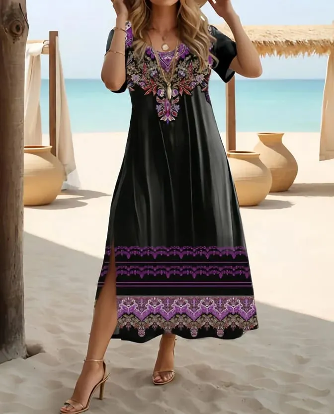 Vestido étnico boêmio com estampa floral casual férias de manga curta tamanho grande