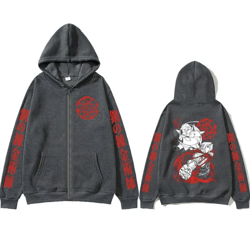 Anime Fullmetal Alchemist Edward Elric Alphonse Elric Zipper Hoodies Men's Clothing Zip Up Hooded Sweatshirts Long Sleeves Coats — image 4